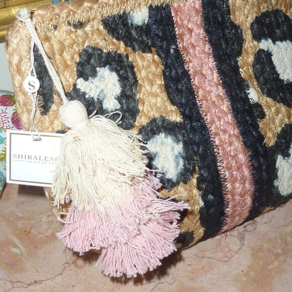NWT Shiraleah Leopard Cheetah Straw Small Clutch Purse With Tassels - Picture 3 of 6